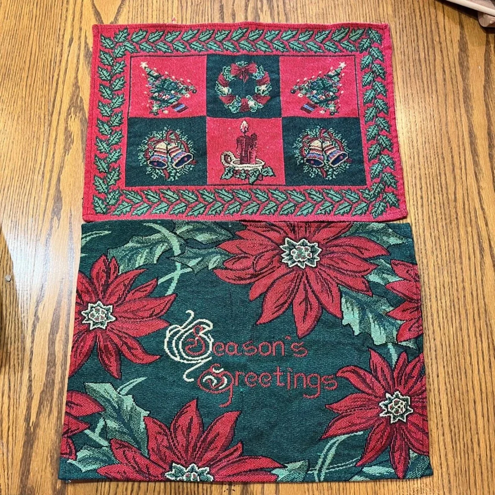 Christmas Tapestry Placemats Holiday Decor Poinsettia Candle Bells Tree Wreath